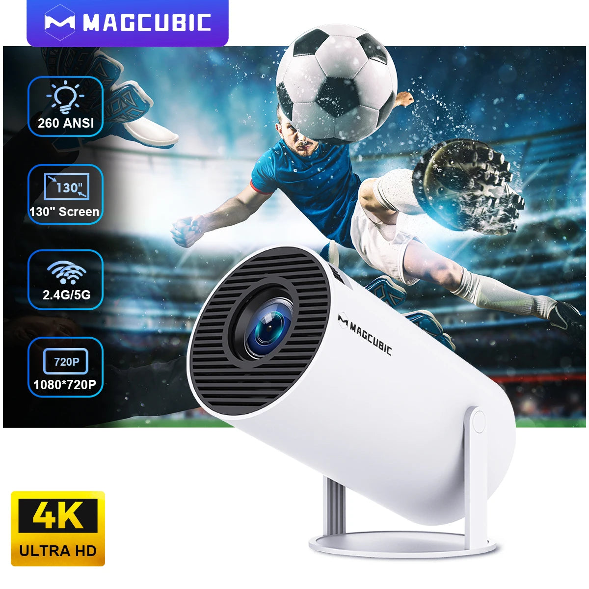 Android 11 Projector 4K 1280x720P, Dual WiFi, 260 ANSI, 180° Flexible, Bluetooth 5.0, Portable Outdoor Cinema Projector HY300 Pro