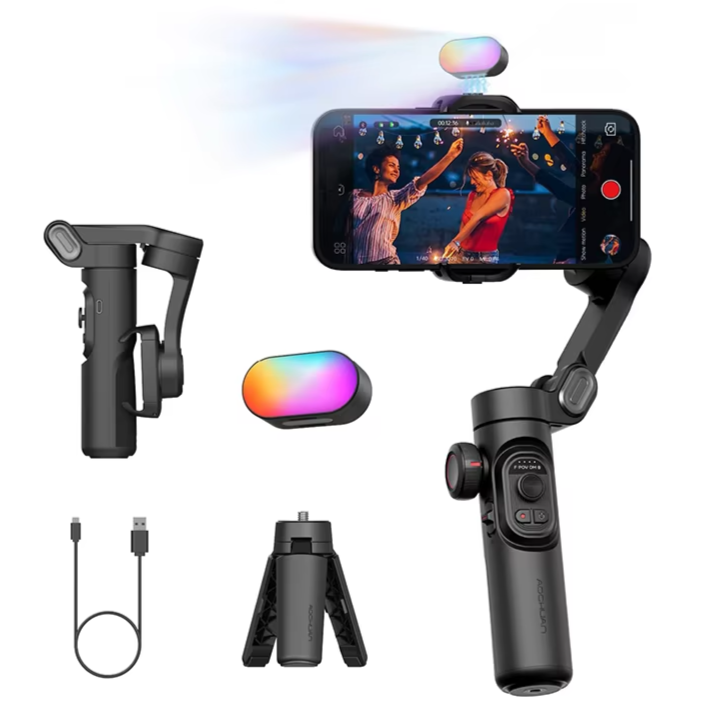 AOCHUAN 3-Axis Handheld Gimbal Stabilizer for Smartphone with Fill Light for Iphone Android Face Tracking Tiktok Vlog Smart XE