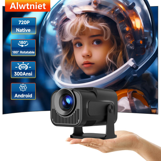 Alwtniet HY320 Mini Projector - Native 720P, 4K Support, 300ANSI, Android 11, Wifi6, BT5.0, Portable, 180° Rotatable, Outdoor Cinema