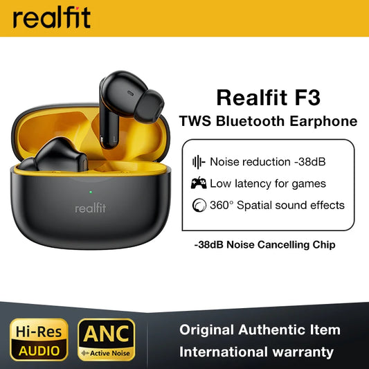 Realfit F3 ANC Bluetooth Earphones - Active Noise Cancellation, HIFI Stereo Sound, Superb Bass Wireless Earbuds for Sports and Gaming