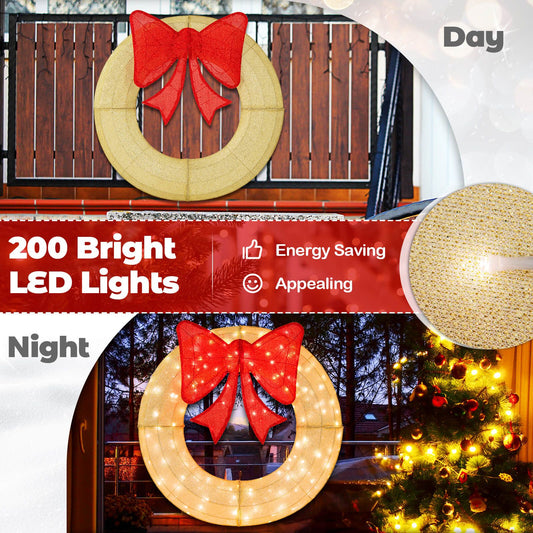 Pre-Lit Christmas Wreath with 200 LED Lights, Red Bow, and Holiday Decor for Indoor & Outdoor Use