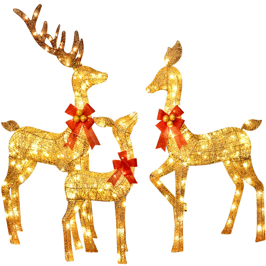 3-Piece Lighted Christmas Reindeer Decoration - LED-Lit Gold Deer for Indoor/Outdoor Use, Front Yard, Lawn, or Porch with Stakes & Plug